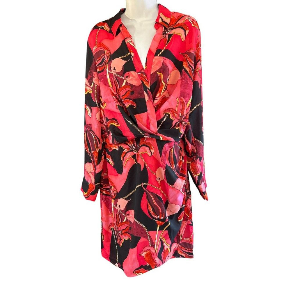 INC Concepts Red Black Gold 1960 Retro Print Long Sleeve Dress Knee Length Disco